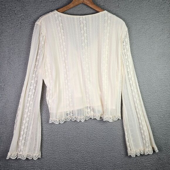Arula Boho Lace Blouse 2X Cream NWT Scalloped Romantic Ruched Tie Sheer Sleeve - Picture 2 of 16